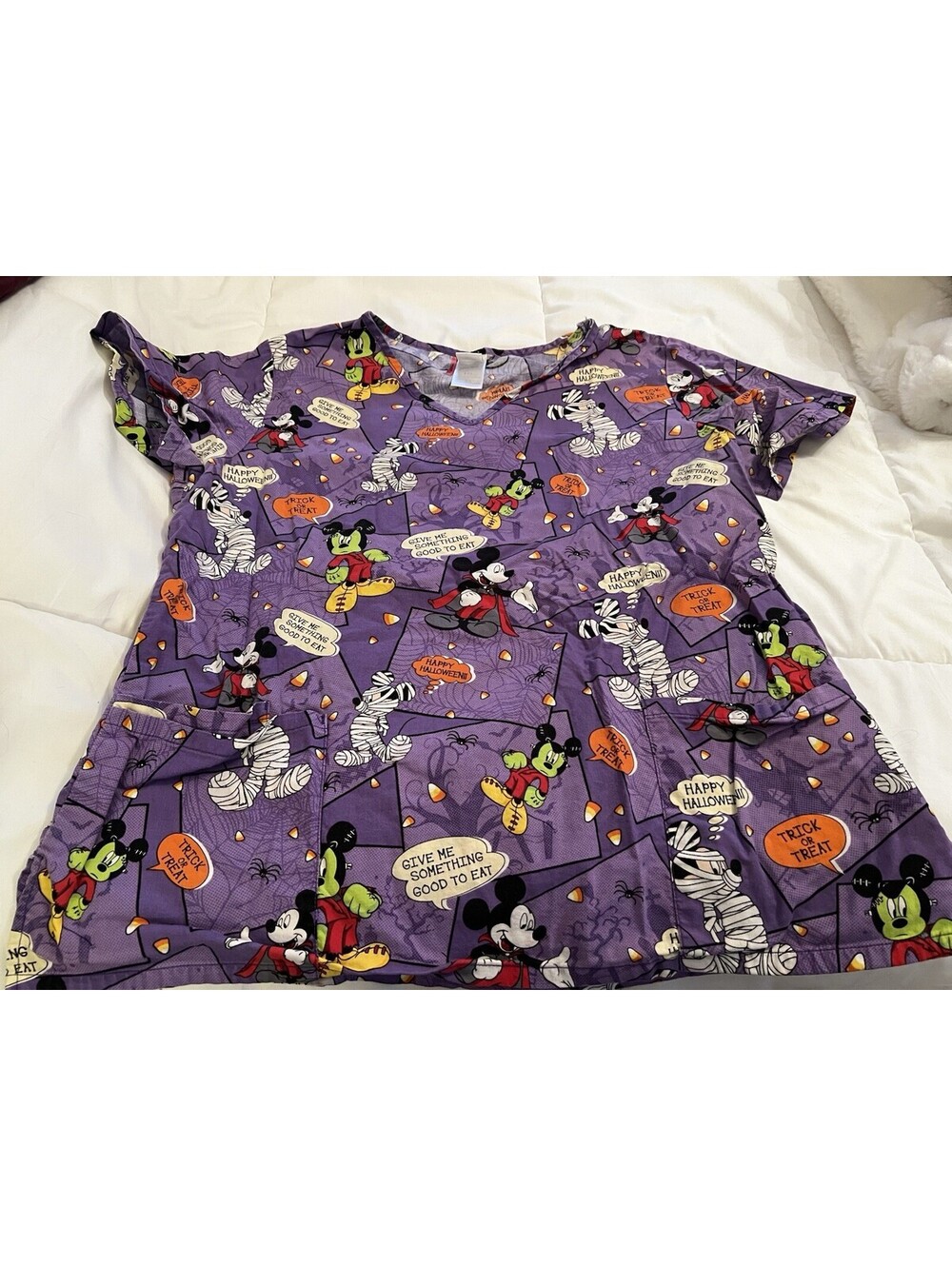 Disney Halloween Large Mickey Mouse Scrub Top Purple lime green Nurse